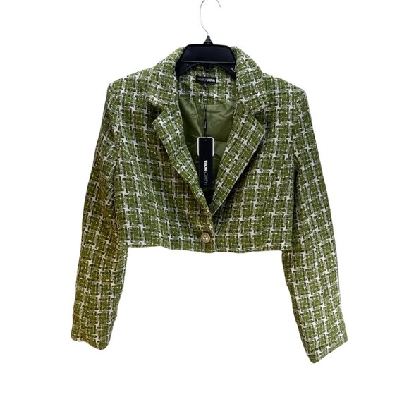 Fashion Nova Christine Tweed Cropped Blazer Jacket L Green White Dressy Preppy - Picture 1 of 10